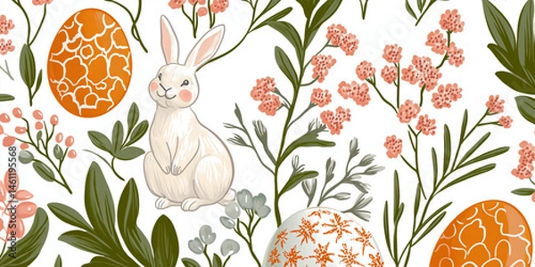 Fototapeta Easter celebration with a rabbit, colorful eggs, and floral decorations