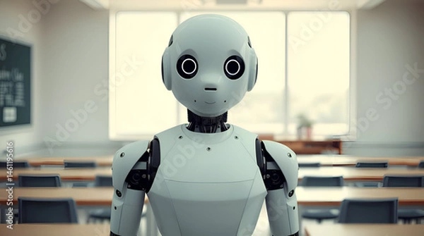 Fototapeta A white humanoid robot, moving within a pastel-colored classroom setting, Education with Modern Technology, Back To School, Generative Ai