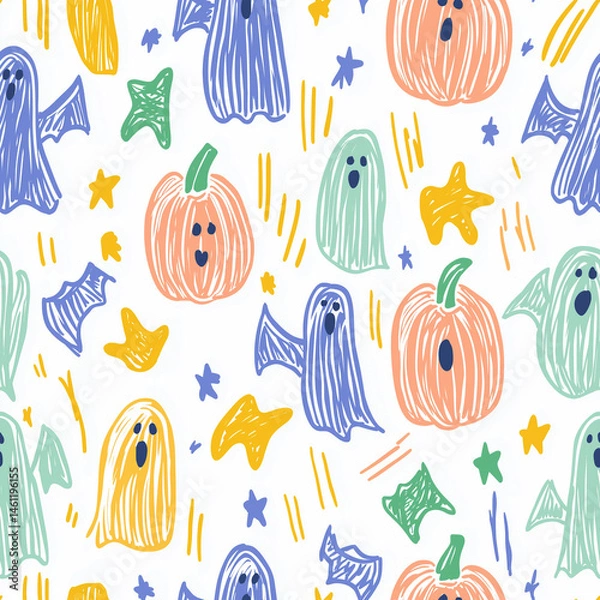 Fototapeta Colorful Halloween themed pattern with pumpkins, ghosts, and stars in playful design