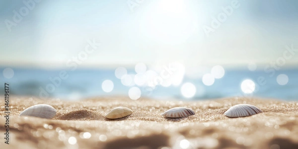 Fototapeta Beautiful shells resting on golden sand with sparkling sea in the background during sunset