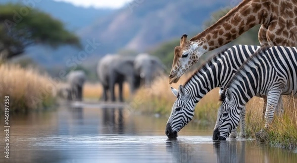 Fototapeta A group of giraffes, elephants, and zebras at the watering hole in an African savannah