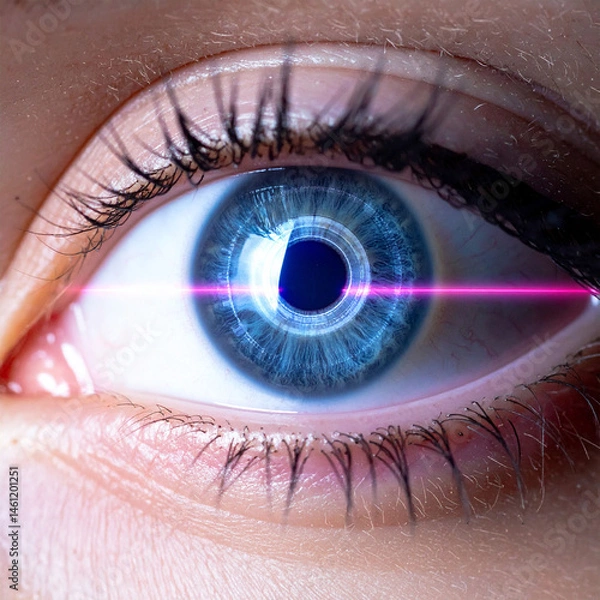 Fototapeta eye, technology, futuristic, biometric, security, iris, laser, scan, network, precision, privacy, procedure, professional, research, safety, screen, secure, treatment, virtual, analysing, control