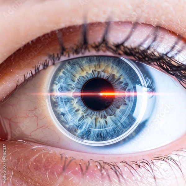 Fototapeta eye, technology, futuristic, biometric, security, iris, laser, scan, patient, protection, pupil, visual, access, ai, diagnostic, eyelid, looking, analysis, check, code, doctor, exam, fiction, monitor