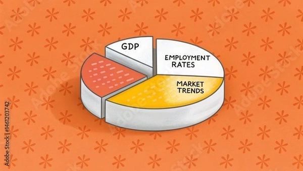 Fototapeta A colorful pie chart on an orange patterned background, displaying segments labeled GDP, Employment Rates, and Market Trends.