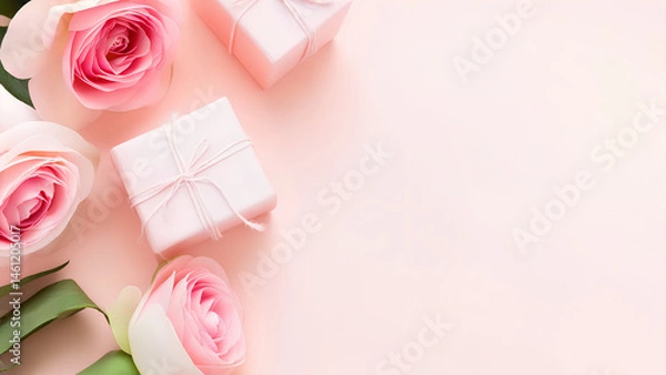 Obraz Contemporary Trendy Flat Lay of Mother’s Day Gifts and Flowers in soft pastel tones — ideal for seasonal marketing, ads, and web design