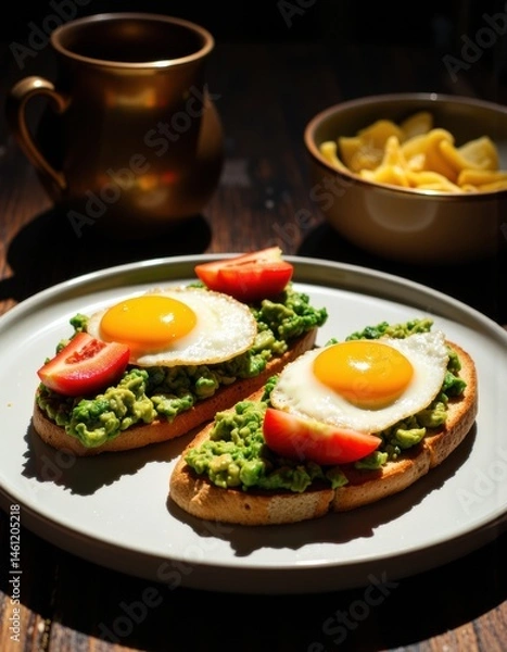 Obraz Delicious avocado toast topped with fried eggs and fresh tomatoes