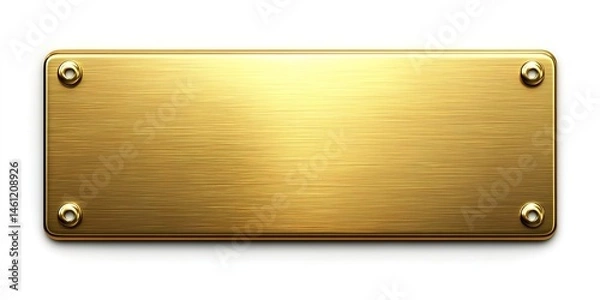 Obraz Rectangular gold metal plaque with rounded corners and screws on white background.