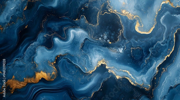 Fototapeta Abstract depiction of swirling, deep blue and gold patterns.