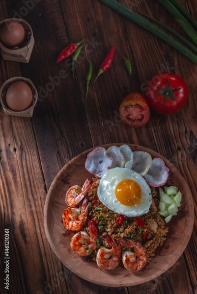 Fototapeta Top-down view of a plate of fried rice with shrimp, sunny side egg, crackers, cucumber, and chopped chili, surrounded by tomatoes, chili peppers, and an egg on rustic wood background