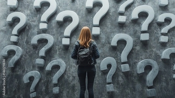Fototapeta A person standing before a massive wall of question marks, representing business growth challenges