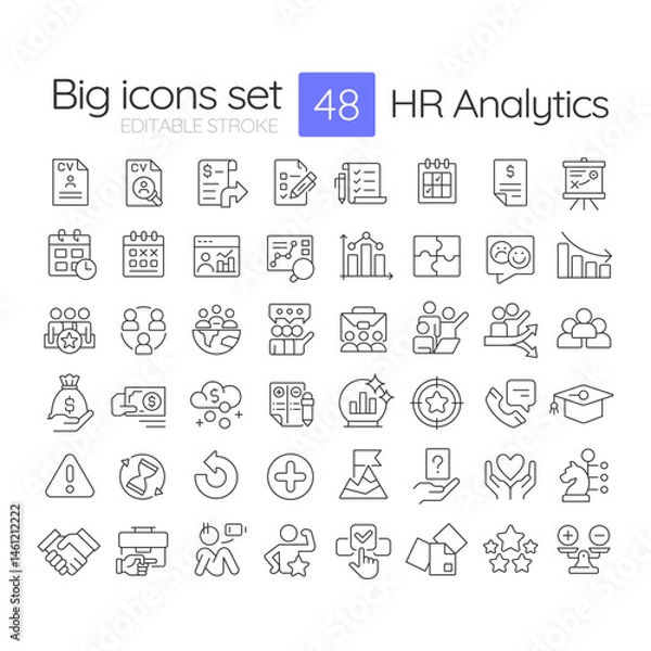 Obraz HR analysis line icons set. Workforces productivity research. Company staff hiring strategy. Employee data. Isolated vector outline illustrations. Thin lineart iconset symbols. Editable stroke