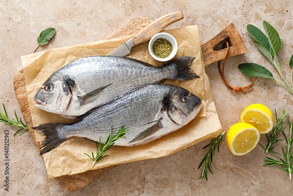 Fototapeta Fresh raw sea bream fish or dorado fish with lemon and herbs, top view