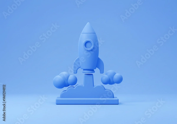 Obraz Toy Rocket Launching with Clouds on Blue Background