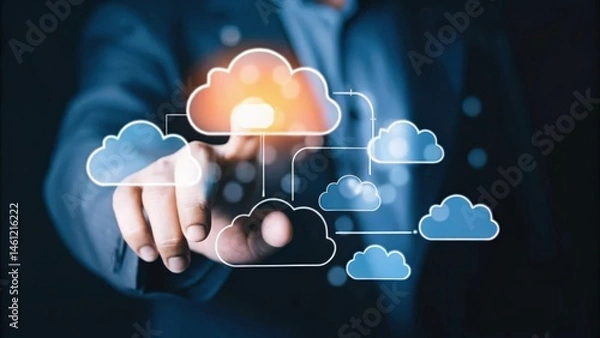 Fototapeta Innovative cloud technology interface with human interaction.