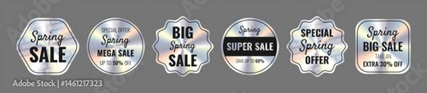 Fototapeta Tags and stickers with holographic effect: Spring Sale, Super Sale, Special Spring Offer, Up to 50-60% Off, Extra 30% off. Hologram various geometric shapes. 
Sticker collection for sale. 