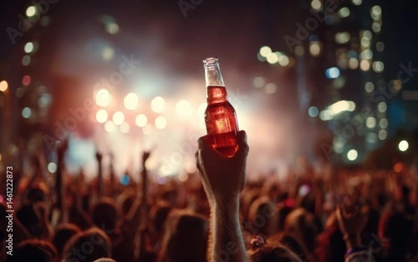 Obraz front view portrait photo of hand holding a bottle of beer in the middle of the fans crowd.