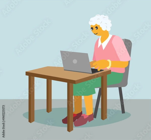 Obraz Active pensioner typing on a laptop. Adapting to new technology. Happpy senior. Vector Illustration