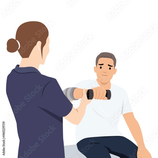 Fototapeta Therapist supports an older man's arm while he performs a rehabilitation exercise using a dumbbell. Flat vector illustration isolated on white background