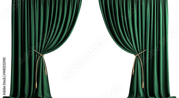 Fototapeta Png of Elegant green curtains with golden ties, creating a dramatic and inviting atmosphere for a stage or window display.
