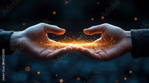 Fototapeta Two hands gently holding a luminous, golden spark between them, bathed in a dark, ethereal glow