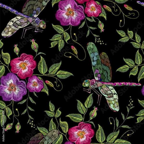 Fototapeta Dragonflies and wild roses flowers. Embroidery seamless pattern. Vintage spring and summer template for design of clothes and t-shirt design. Garden art