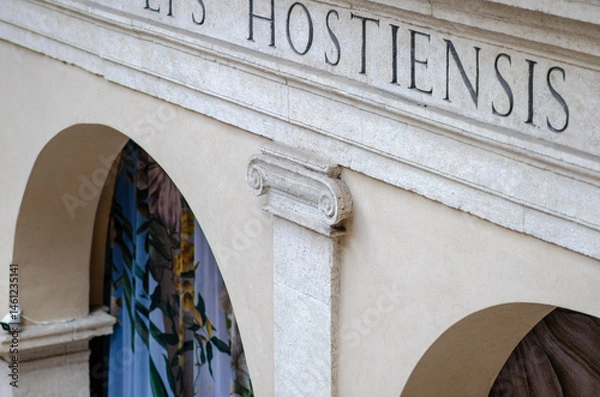 Fototapeta details Chiostro del Bramante, open courtyard on two levels with elegant arches and refined architectural details. the white marbles, accentuating the magnificence of this Renaissance masterpiece.