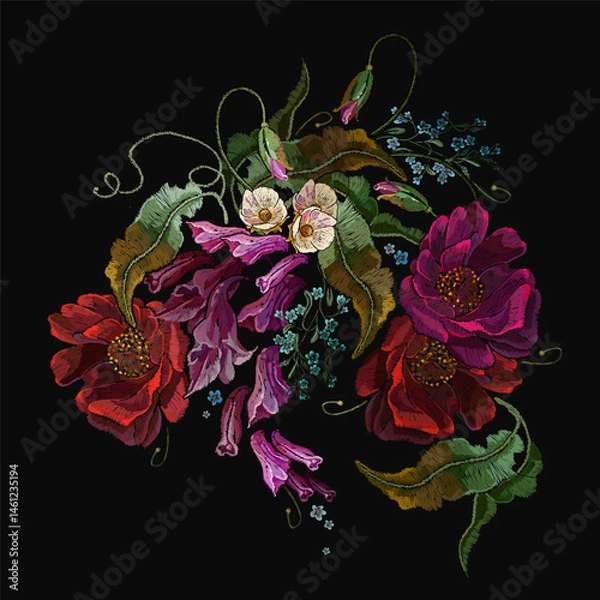 Fototapeta Embroidery. Bouquet of flowers. Red roses seamless pattern vector. Summer and spring garden floral art. Fashionable template for clothes