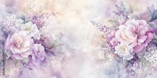 Fototapeta Soft watercolor painting of pink-white peonies with small purple-white flowers on misty pastel background.