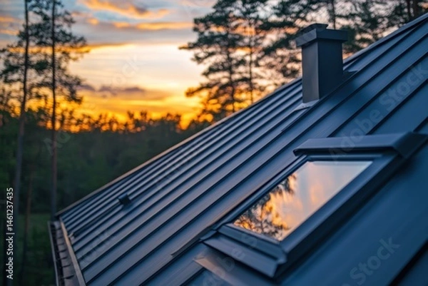 Fototapeta Modern metal roof with skylight and chimney, warm sunset reflection, sharp lines, architectural detail, peaceful nature backdrop, perfect for real estate, construction, and roofing promotions.