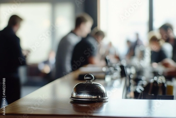 Fototapeta Close-up of hotel reception bell with blurred background of guests and staff, bright interior, hospitality concept, customer service orientation, modern reception desk environment. Copy space. Banner