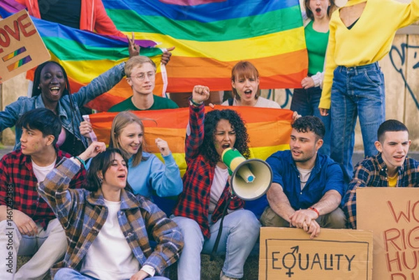 Fototapeta Young activists protesting for equality and lgbtq+ rights with rainbow flags and megaphone