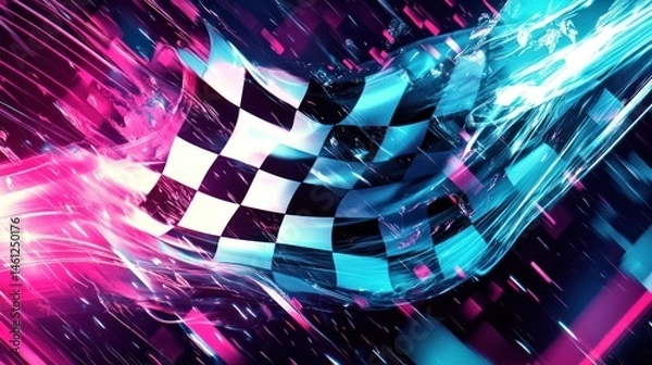 Fototapeta Checkered flag waving in vibrant digital glow.  Dynamic lines and glowing colors surround the flag, creating a futuristic racing or competition theme