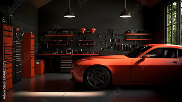 Obraz Modern Red Sports Car In Dark Garage