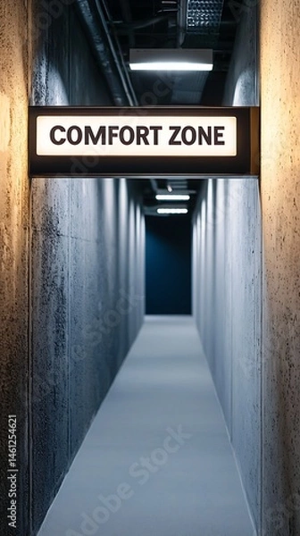 Obraz A narrow hallway with a glowing sign reading "COMFORT ZONE" hanging from the ceiling, leading toward a dark doorway.