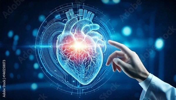 Obraz Generated image. Finger of doctor touching human heart, organ virtual interface. Innovative technology in science medical health care