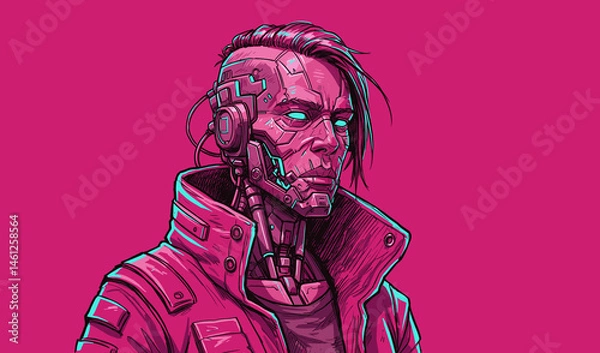 Obraz Vaporwave future cyborg male portrait with biomechatronic robotic body parts and glowing cyan eyes - isolated on a magenta background 