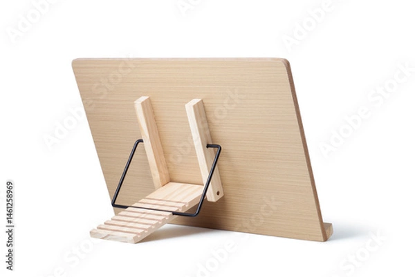 Fototapeta Back side of wooden stand for a book on white background, Reading stand
