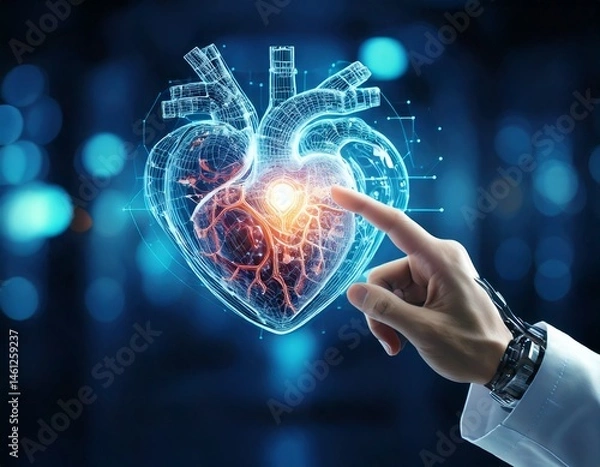 Obraz Generated image. Finger of doctor touching human heart, organ virtual interface. Innovative technology in science medical health care