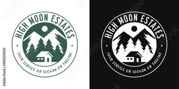 Fototapeta House in forest logo with mountain and sun. Negative space nature retreat vector symbol.