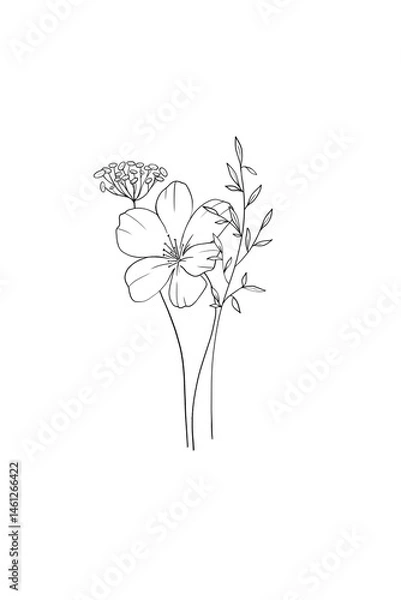 Fototapeta Hand drawn sketch illustration in line art style elegant bouquet with wild flowers and herbs. Suitable for coloring books, cards, packaging and decor.