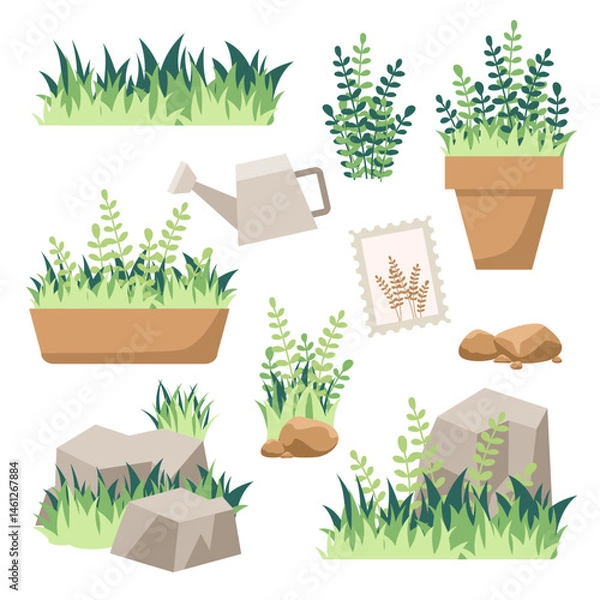 Obraz set of gardening elements, flat cute fresh plant and grass on stone vector, illustration design. 