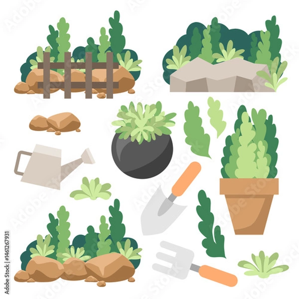 Obraz set of gardening elements, flat cute fresh plant vector, illustration design. 