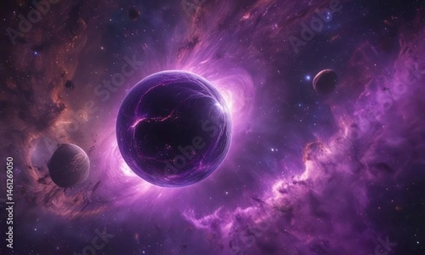 Obraz Glowing orb floats in vibrant purple nebula  Cosmic dust swirls around ,  swirling,  astronomy