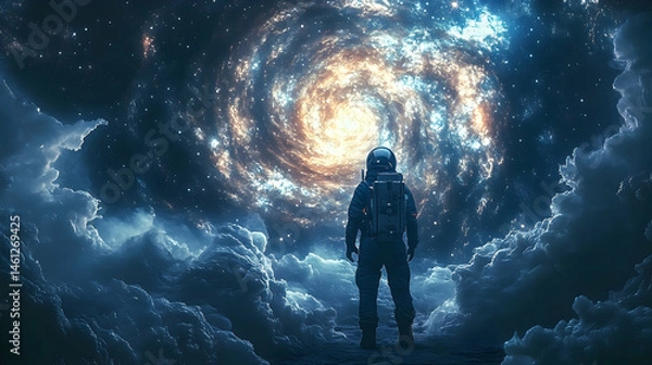 Fototapeta Astronaut contemplates a swirling nebula in the cosmos.