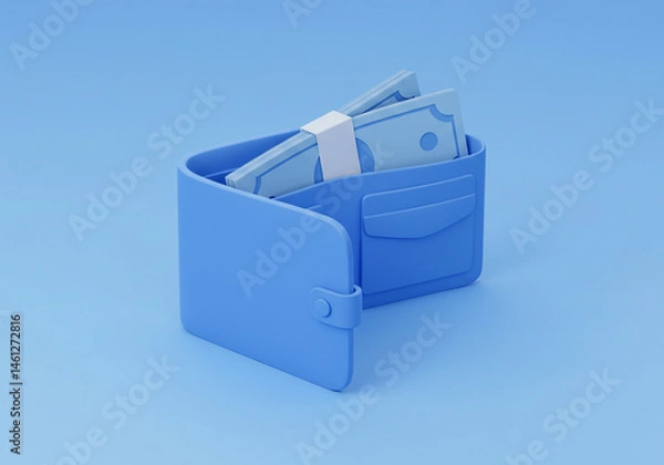 Obraz Wallet with Money Inside on Blue Background Finance Concept
