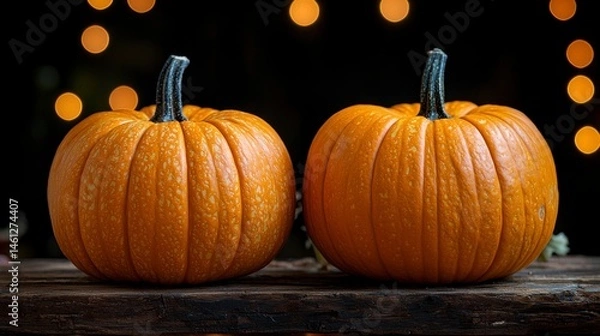 Obraz Two pumpkins on wooden surface with blurred background