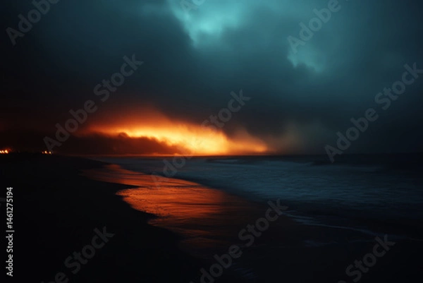 Obraz captivating scene of dramatic dark storm clouds at night, illuminated by fiery orange glow on horizon, reflecting on wet beach sand. atmosphere evokes sense of mystery and awe