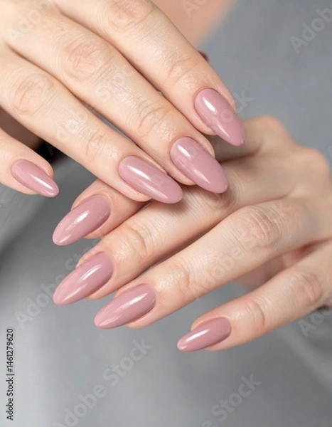 Fototapeta A close-up of a woman's hands displaying long, almond-shaped nails painted in a sophisticated, dusty rose glossy polish.