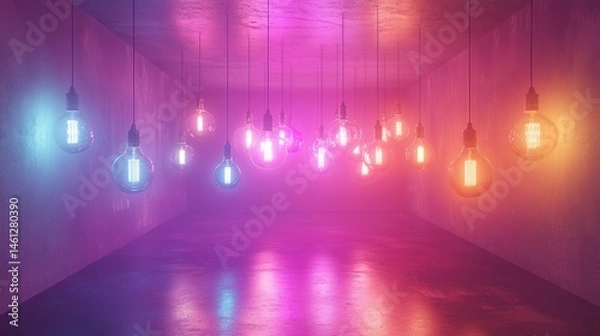 Fototapeta A neon-lit room with floating AI-controlled lightbulbs adjusting brightness autonomously