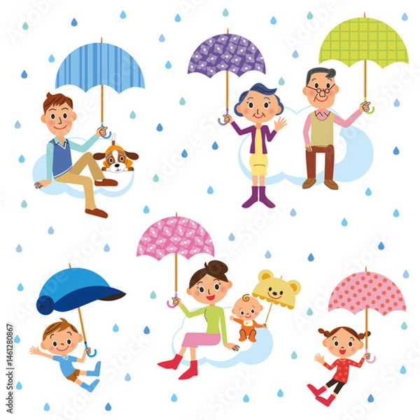 Fototapeta 雨の日に傘をさして雨雲の上に座ってる仲良し三世代家族